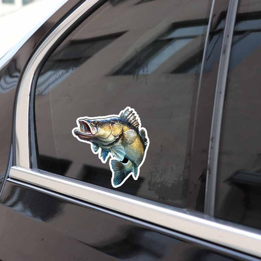 Bass fish reflective outdoor fishing car sticker with an open mouth, featuring blue, green, and brown tones. - Image 6
