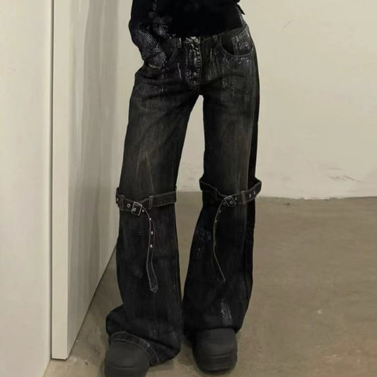 Pantalones Vaqueros Vintage Descontruidos con Cordones y Pierna Ancha