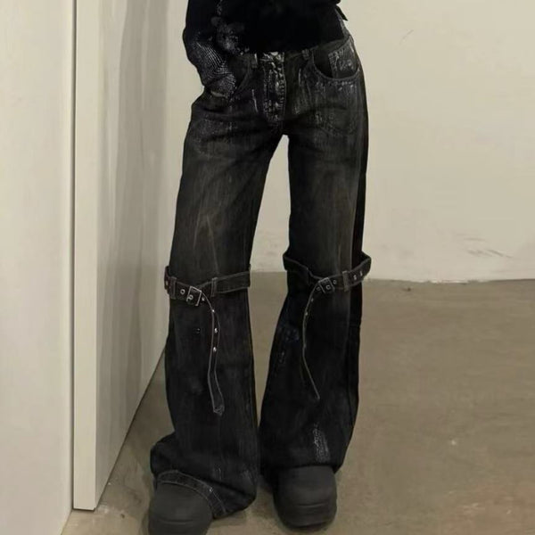 Pantalones Vaqueros Vintage Descontruidos con Cordones y Pierna Ancha