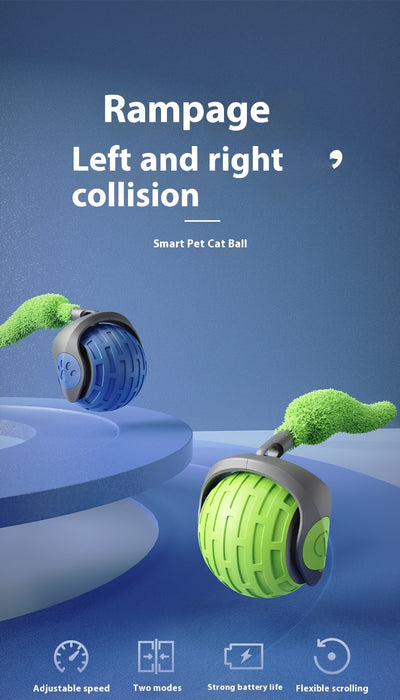 Blue and grey pet toy ball with a green textured tail for cats, shown on a blue background. - Image 22