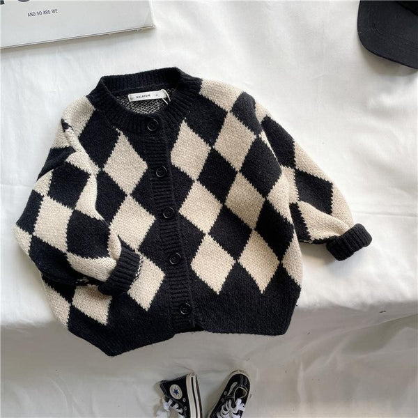 Suéter Infantil Estilo Coreano con Patrón Rombo Holgado