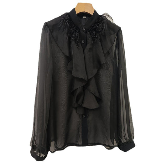 Blusa Elegante de Gasa con Cuello Alzado y Volantes - Image 2