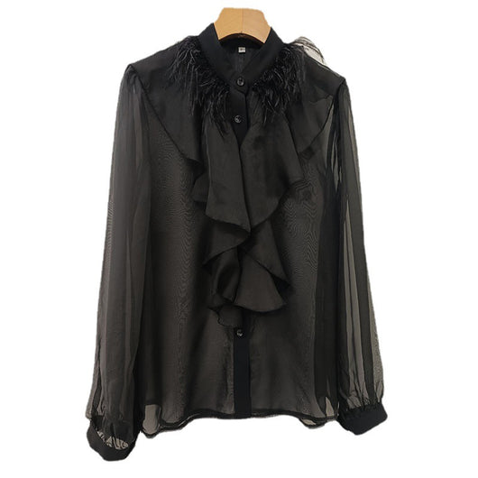 Blusa Elegante de Gasa con Cuello Alzado y Volantes - Image 2