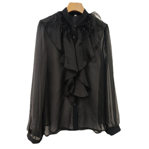 Blusa Elegante de Gasa con Cuello Alzado y Volantes