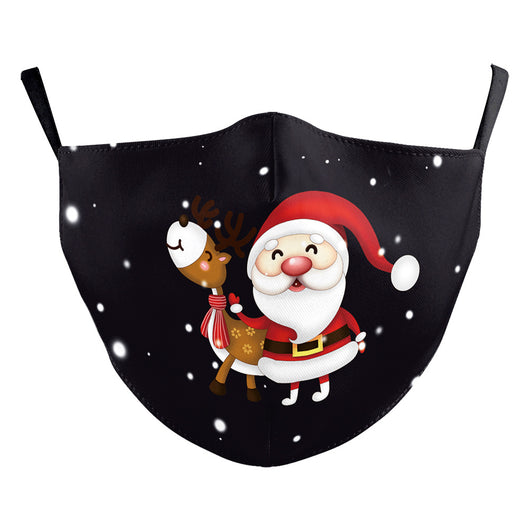 Black dustproof face mask with a digital print of Santa Claus and two reindeer in a snowy forest scene. - Image 12