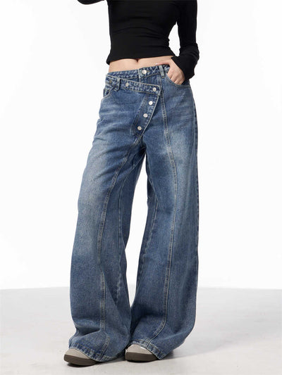 Pantalones Vaqueros Rectos Azules Cintura Alta Pierna Ancha Efecto Desgastado - Image 3