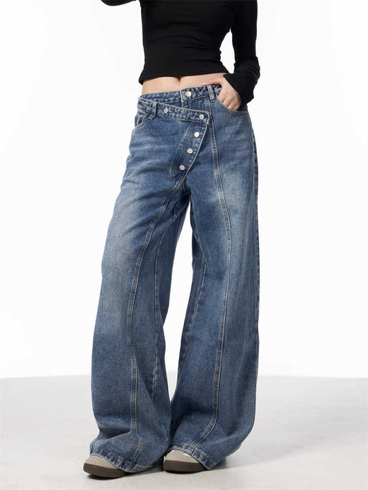 Pantalones Vaqueros Rectos Azules Cintura Alta Pierna Ancha Efecto Desgastado - Image 3