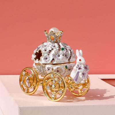 White and gold princess carriage trinket box with a crown, pearl, and bunny figurine, adorned with rhinestones. - Image 7