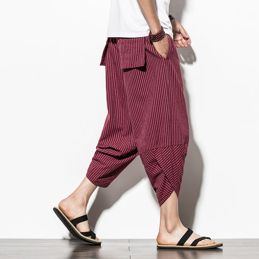 Pantalones Cortos de Lino Casual con Rayas Verticales para Hombre - Image 6