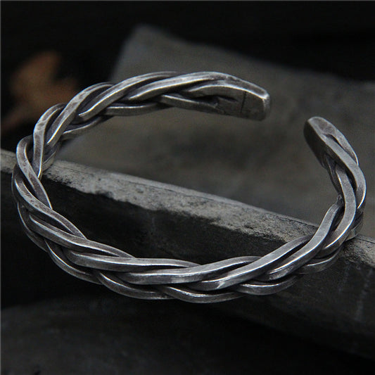 Pulsera de Plata S925 Tejida con Cuerda de Cáñamo Vintage para Hombre