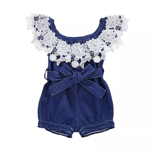 Enterizo Infantil Hombros Descubiertos con Volantes en Denim Azul - Image 11
