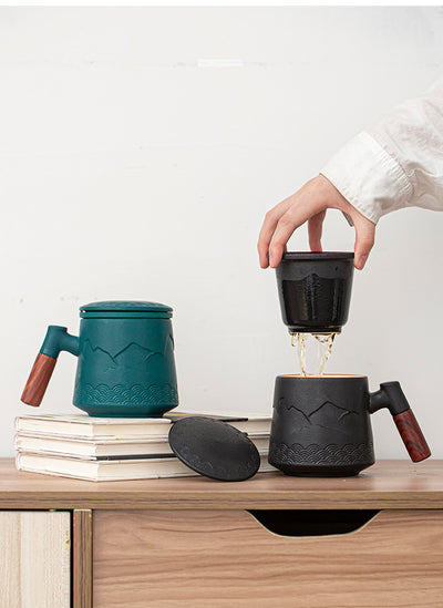 Taza Cerámica Ola del Océano con Asa de Madera y Tapa - Image 12