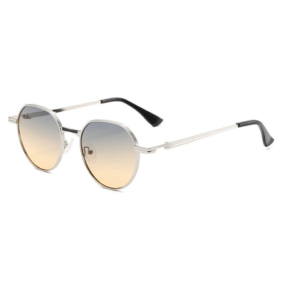 Round metal sunglasses with silver frames and dark gray lenses, featuring black temple tips, on a white background. - Image 9