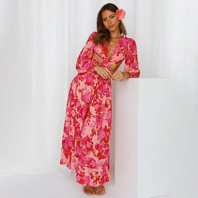 Vestido Retro Europeo Hueco con Estampado Irregular