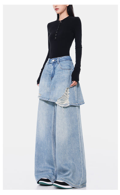 Pantalones Rectos Azul Vintage Efecto Desgastado Doble Tela para Mujer - Image 11