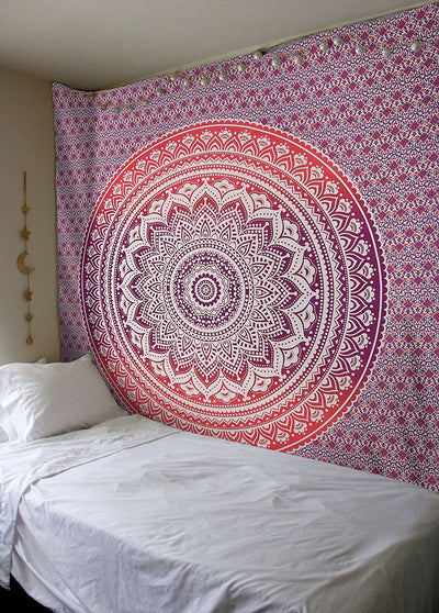 Black and white mandala tapestry with intricate floral and geometric patterns hanging on a bedroom wall. - Image 15