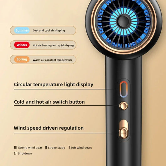 Gray professional hair dryer with a blue fan, 1875W, shown with a US 110V plug and a rotating air collector nozzle. - Image 6