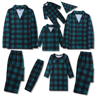 Family of four and dog wearing matching green and black plaid pajamas. Mother and father in two-piece sets, girl in dress, baby in two-piece, and dog in bandana - Image 3