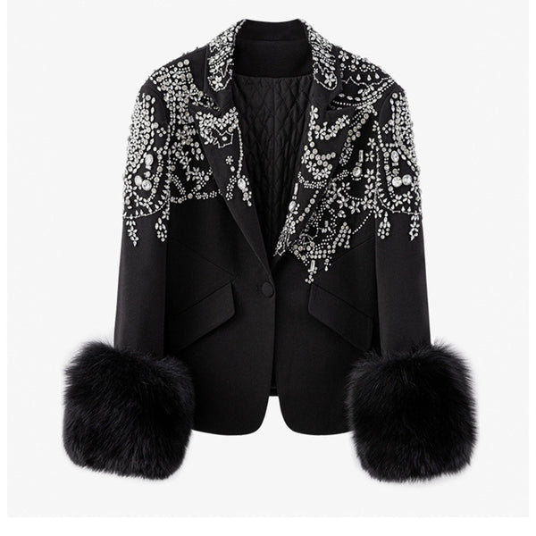 Blazer Elegante Negro con Cuello Solapa y Detalles en Strass