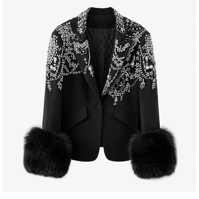 Blazer Elegante Negro con Cuello Solapa y Detalles en Strass