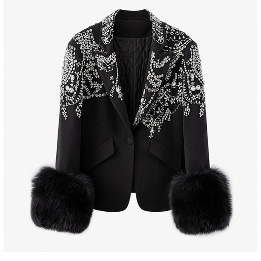 Blazer Elegante Negro con Cuello Solapa y Detalles en Strass