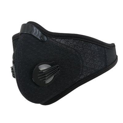 Black nylon bicycle mask with activated carbon filter, exhalation valve, and metal nose clip. - Image 11