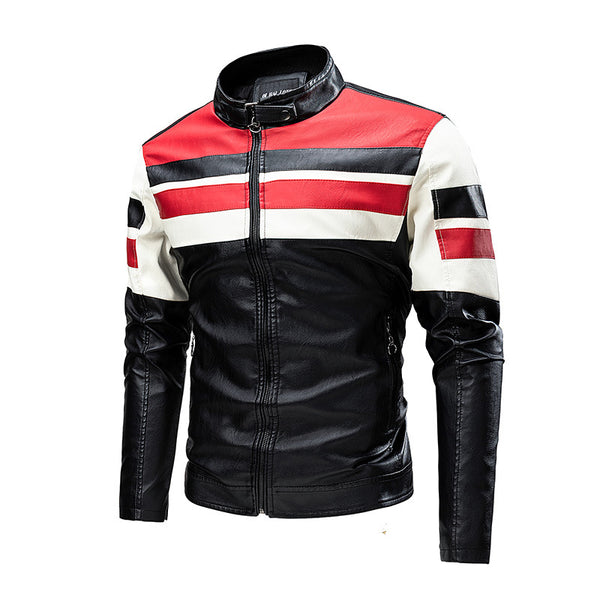 Chaqueta de Cuero para Motociclista con Cuello Alto Retro y Costuras Reforzadas
