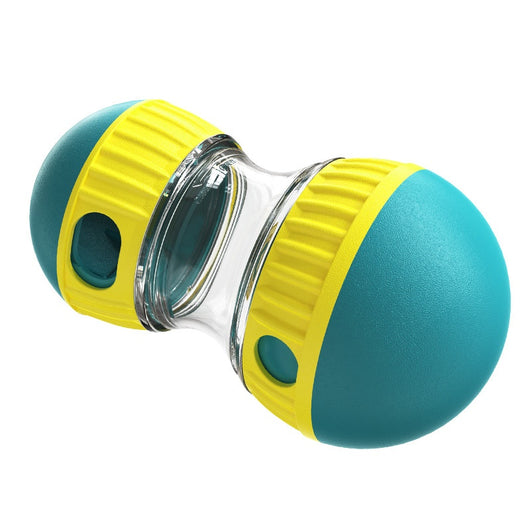 Teal and yellow food dispensing dog toy with a clear middle section and treat holes, designed for slow feeding. - Image 18