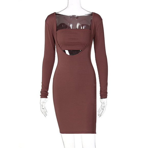 Vestido Ajustado con Escote Profundo y Pecho Envuelto de Manga Larga