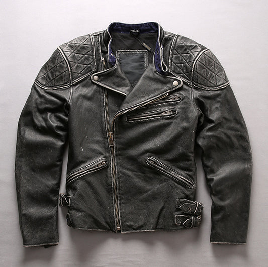 Chaqueta de Cuero Slim Cropped con Cuello Mao Efecto Desgastado