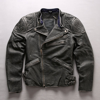 Chaqueta de Cuero Slim Cropped con Cuello Mao Efecto Desgastado