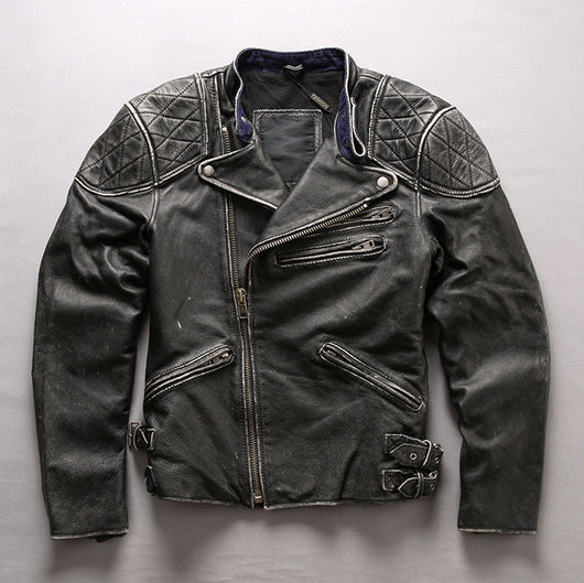 Chaqueta de Cuero Slim Cropped con Cuello Mao Efecto Desgastado