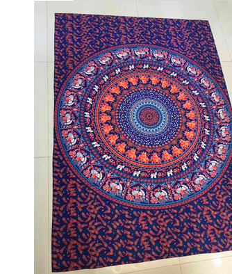 Large blue mandala hanging cloth with a detailed circular pattern and floral borders, made of chemical fiber.