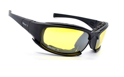 Black full-frame motorcycle goggles with yellow lenses, an adjustable elastic strap, and detachable temple arms. - Image 10