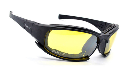 Black full-frame motorcycle goggles with yellow lenses, an adjustable elastic strap, and detachable temple arms. - Image 10