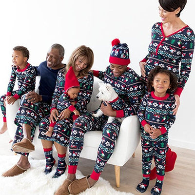 Dad's black long-sleeve pajama set with festive gnome and snowflake fair isle pattern, red trim.