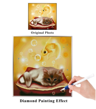 Kit de Pintura de Diamantes: Gato, Pez Dorado y Brillantes