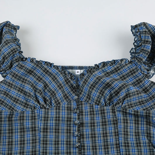 Camisa Cuadriculada Retro Francesa con Cuello Cuadrado Antiedad para Mujer - Image 31