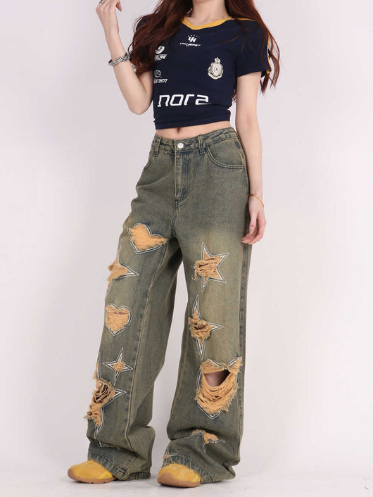 Pantalones Vaqueros Anchos Vintage Desgastados Love - Image 10