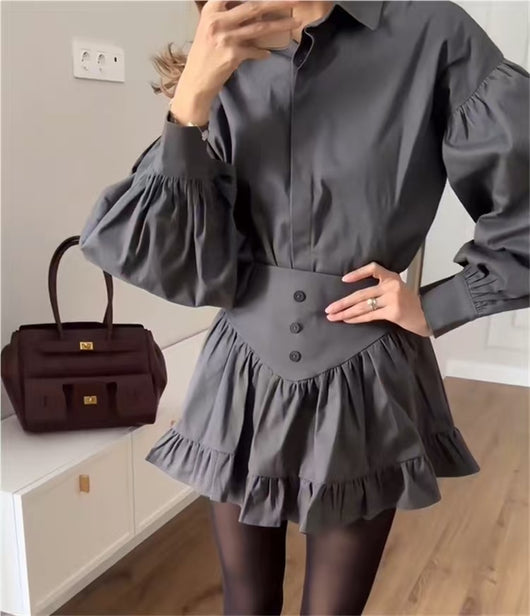 Conjunto Ejecutivo Falda Tableada con Blusa de Mangas Voluminosas - Image 27