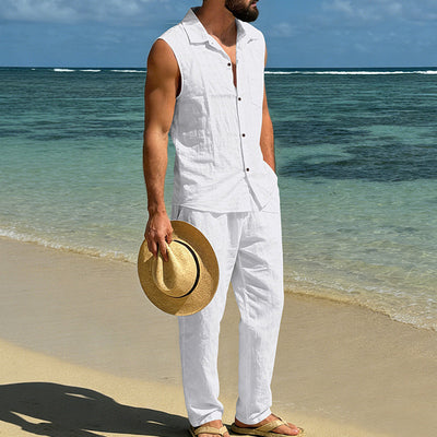 Conjunto de Lino Holgado para Hombre: Camisa sin Mangas y Pantalón Recto - Image 18