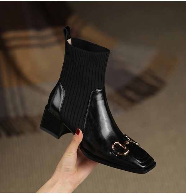 Botas Cortas Mujer Tacón Grueso Punta Cuadrada Diseño Moderno - Image 5