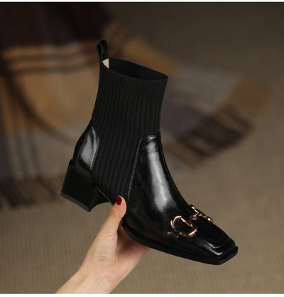 Botas Cortas Mujer Tacón Grueso Punta Cuadrada Diseño Moderno - Image 5