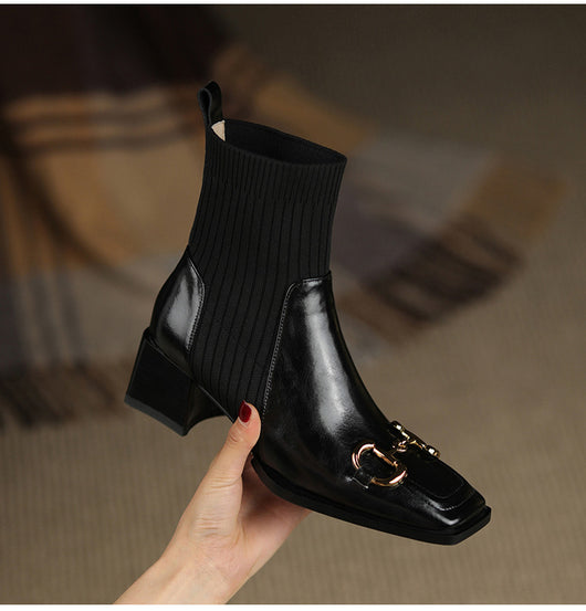 Botas Cortas Mujer Tacón Grueso Punta Cuadrada Diseño Moderno - Image 5