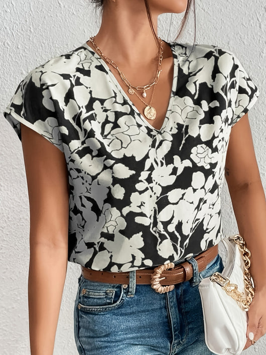 Blusa Estampada Cuello V Manga Corta Suelta - Image 7