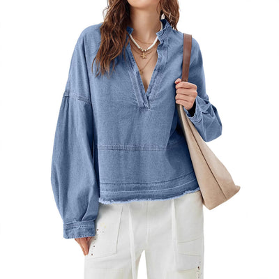 Blusa Denim Holgada de Cuello V y Manga Larga Versátil - Image 3
