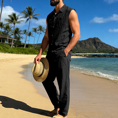 Conjunto de Lino Holgado para Hombre: Camisa sin Mangas y Pantalón Recto - Image 23