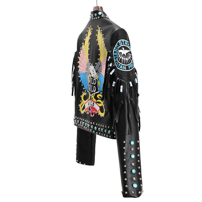 Chaqueta de Cuero con Estampado y Remaches Contraste para Mujer - Image 3