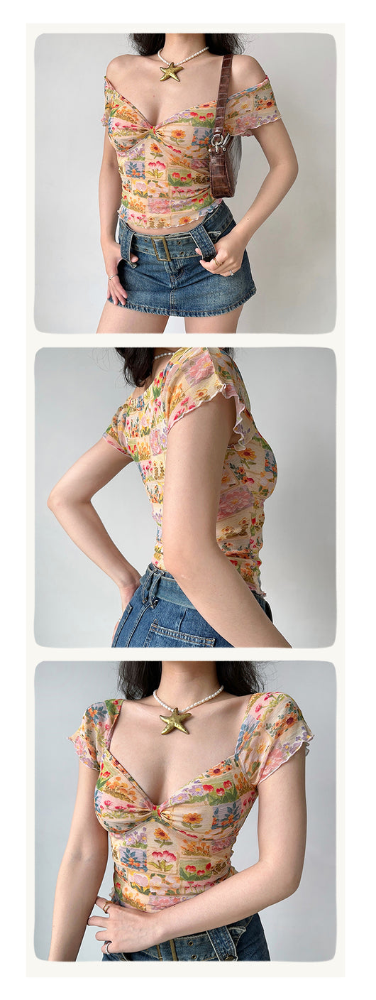 Blusa Estampada con Flores al Óleo, Cuello en V y Manga Corta de Malla para Mujer - Image 11
