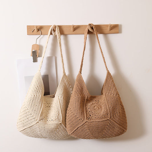 Bolsa de Playa Tejida de Algodón con Patrón Cuadros Vintage - Gran Capacidad para Viajes y Vacaciones